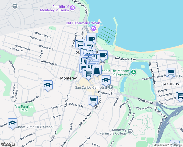 map of restaurants, bars, coffee shops, grocery stores, and more near 456 Washington Street in Monterey