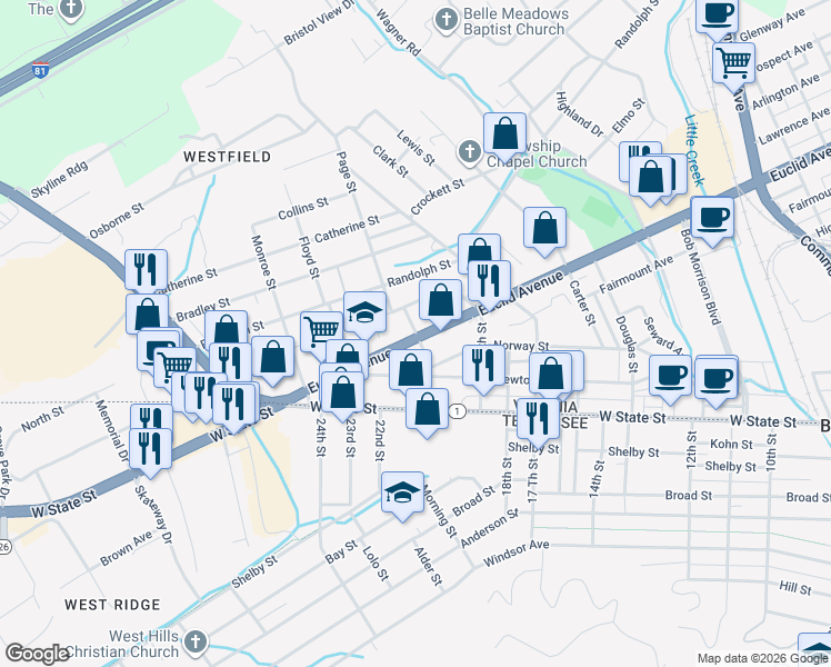 map of restaurants, bars, coffee shops, grocery stores, and more near 210 Lexington Avenue in Bristol