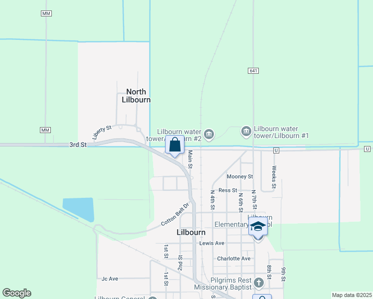 map of restaurants, bars, coffee shops, grocery stores, and more near in Lilbourn