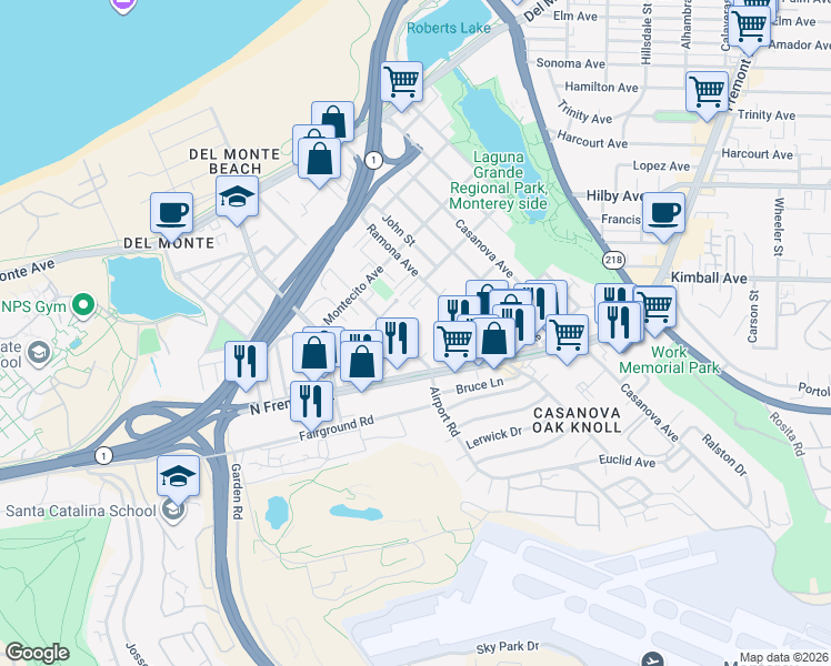 map of restaurants, bars, coffee shops, grocery stores, and more near 451 Dela Vina Avenue in Monterey
