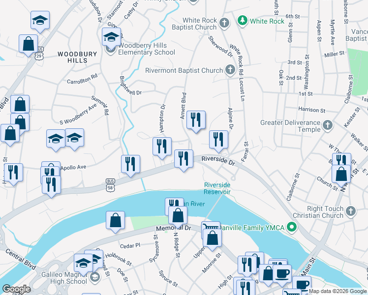 map of restaurants, bars, coffee shops, grocery stores, and more near 401-499 Hampton Drive in Danville
