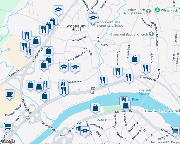 map of restaurants, bars, coffee shops, grocery stores, and more near 383 Summit Road in Danville