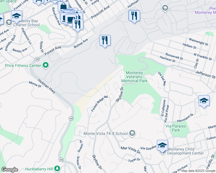 map of restaurants, bars, coffee shops, grocery stores, and more near 70 Forest Ridge Road in Monterey