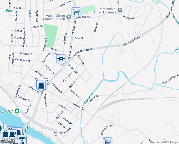 map of restaurants, bars, coffee shops, grocery stores, and more near 307 Girard Street in Danville
