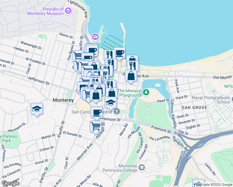 map of restaurants, bars, coffee shops, grocery stores, and more near Pearl Street & Figueroa Street in Monterey