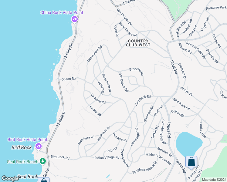map of restaurants, bars, coffee shops, grocery stores, and more near 3045 Stevenson Drive in Del Monte Forest