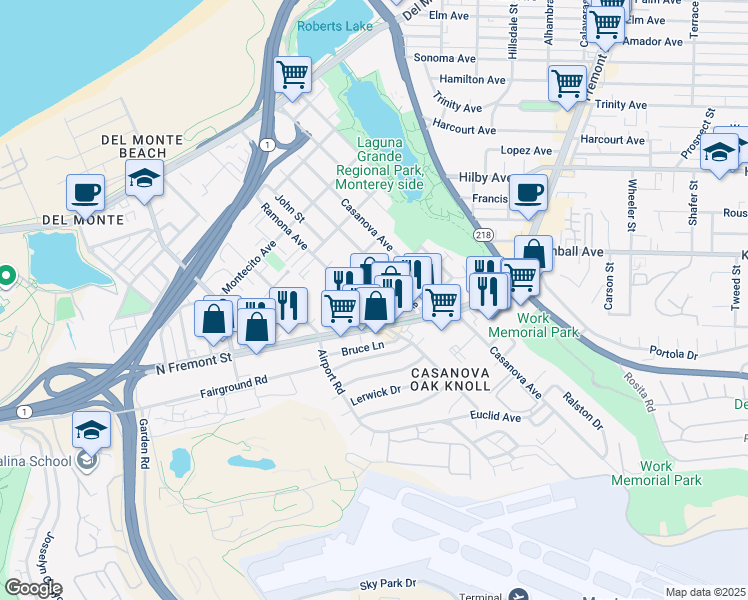 map of restaurants, bars, coffee shops, grocery stores, and more near 521 Ramona Avenue in Monterey