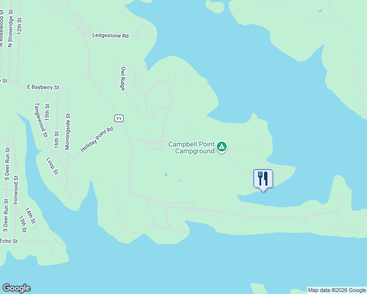 map of restaurants, bars, coffee shops, grocery stores, and more near 399 Campbell Point Road in Shell Knob