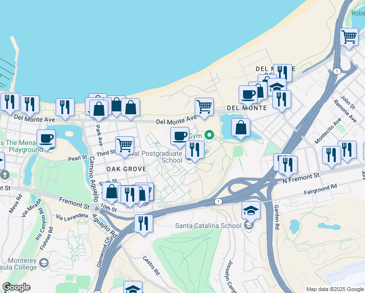map of restaurants, bars, coffee shops, grocery stores, and more near 1 University Circle in Monterey
