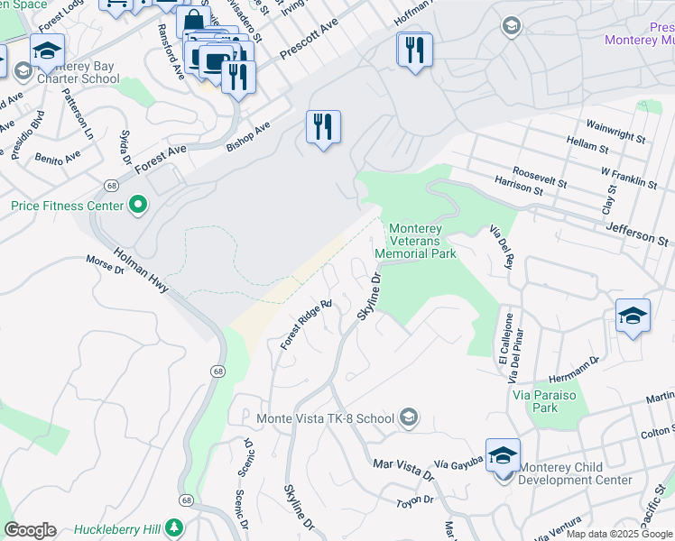 map of restaurants, bars, coffee shops, grocery stores, and more near 70 Forest Ridge Road in Monterey
