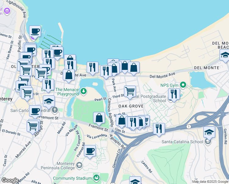 map of restaurants, bars, coffee shops, grocery stores, and more near 200 Park Avenue in Monterey