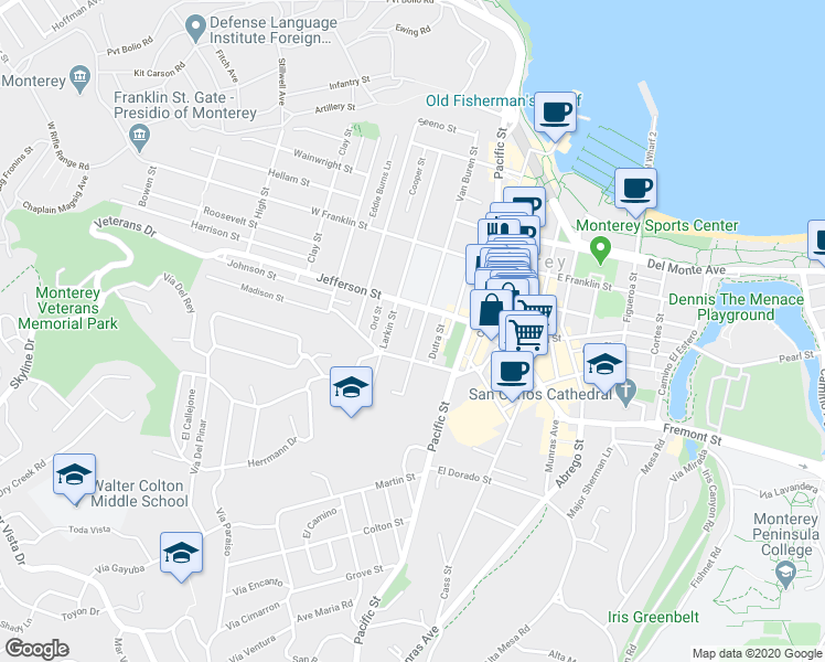 map of restaurants, bars, coffee shops, grocery stores, and more near 544 Van Buren Street in Monterey
