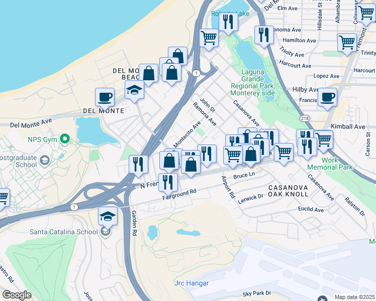 map of restaurants, bars, coffee shops, grocery stores, and more near 420 Dela Vina Avenue in Monterey