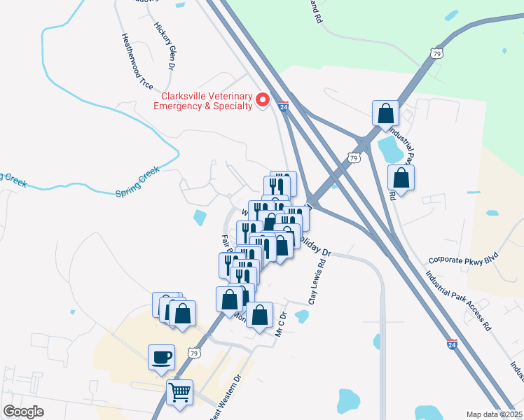 map of restaurants, bars, coffee shops, grocery stores, and more near Interstate 24 in Clarksville