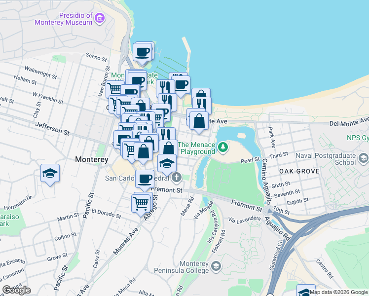 map of restaurants, bars, coffee shops, grocery stores, and more near 447 Anthony Street in Monterey