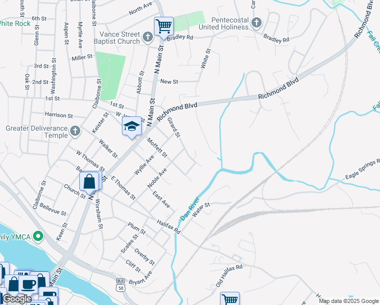 map of restaurants, bars, coffee shops, grocery stores, and more near 301 Girard Street in Danville