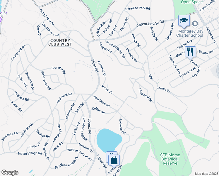 map of restaurants, bars, coffee shops, grocery stores, and more near 1109 Arroyo Drive in Del Monte Forest