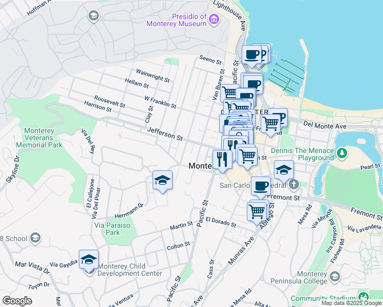 map of restaurants, bars, coffee shops, grocery stores, and more near 547 Union Street in Monterey