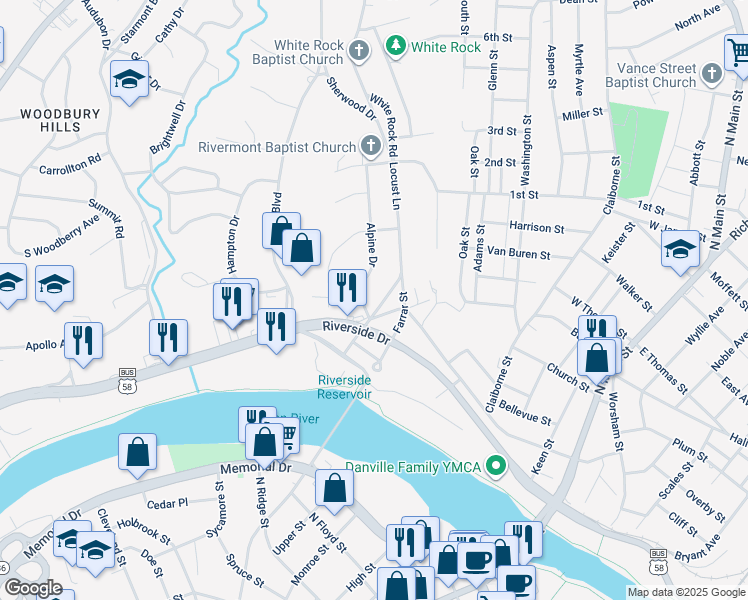 map of restaurants, bars, coffee shops, grocery stores, and more near 115 Locust Lane in Danville