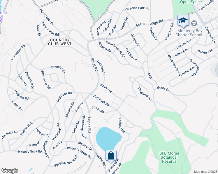 map of restaurants, bars, coffee shops, grocery stores, and more near 1109 Arroyo Drive in Del Monte Forest