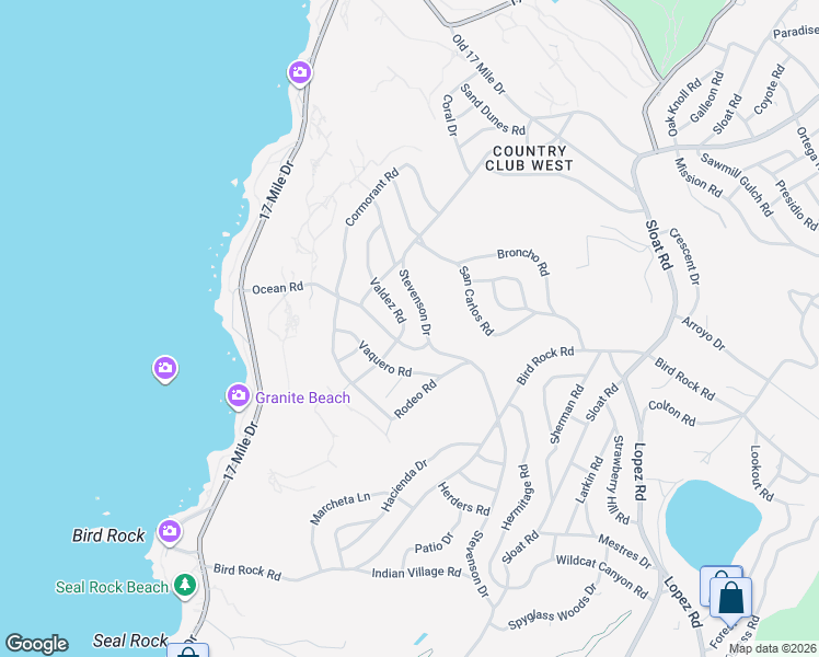 map of restaurants, bars, coffee shops, grocery stores, and more near 3085 Valdez Road in Del Monte Forest