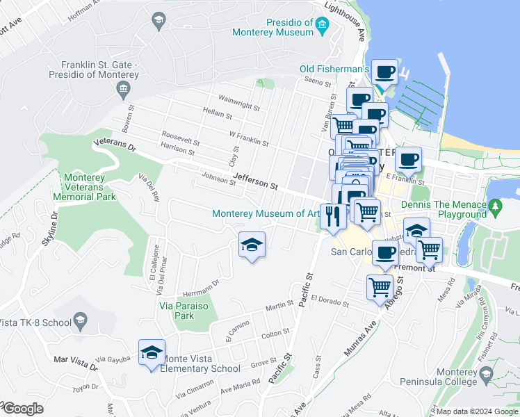 map of restaurants, bars, coffee shops, grocery stores, and more near 598 Watson Street in Monterey