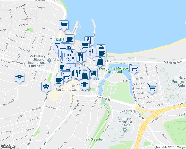 map of restaurants, bars, coffee shops, grocery stores, and more near 563 Pearl Street in Monterey