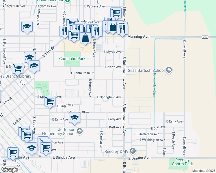map of restaurants, bars, coffee shops, grocery stores, and more near 250 North Kady Avenue in Reedley