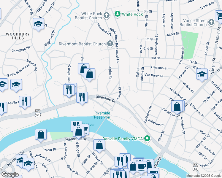 map of restaurants, bars, coffee shops, grocery stores, and more near 115 Locust Lane in Danville