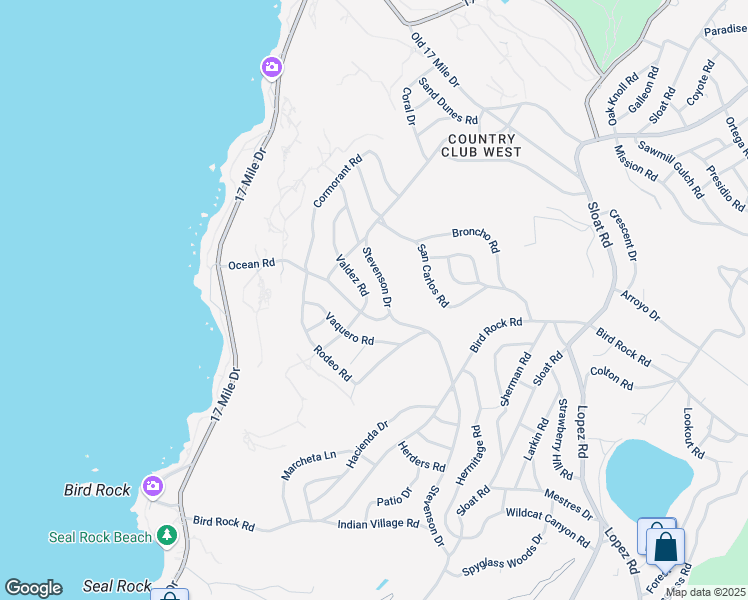 map of restaurants, bars, coffee shops, grocery stores, and more near 3085 Valdez Road in Del Monte Forest