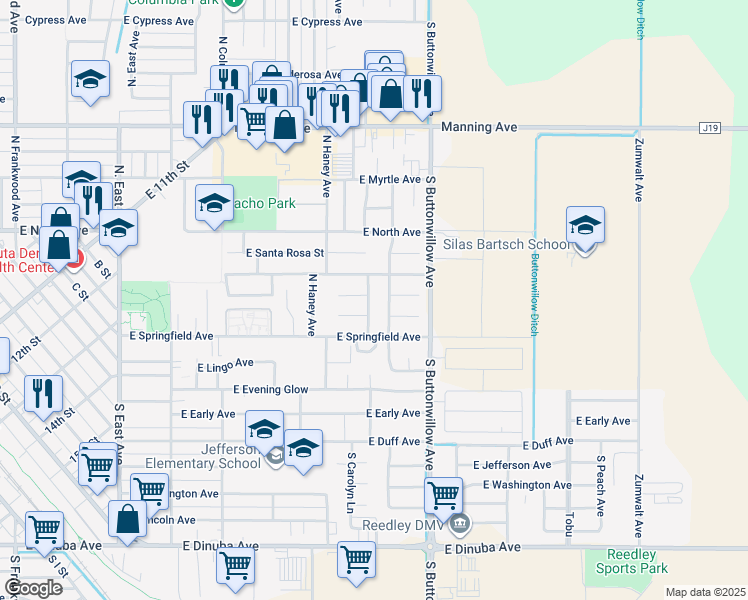 map of restaurants, bars, coffee shops, grocery stores, and more near 250 North Kady Avenue in Reedley