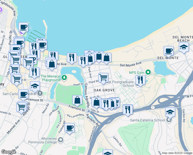 map of restaurants, bars, coffee shops, grocery stores, and more near 1156 Second Street in Monterey