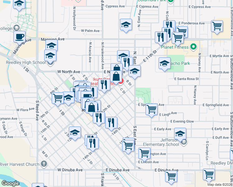 map of restaurants, bars, coffee shops, grocery stores, and more near 1131 C Street in Reedley
