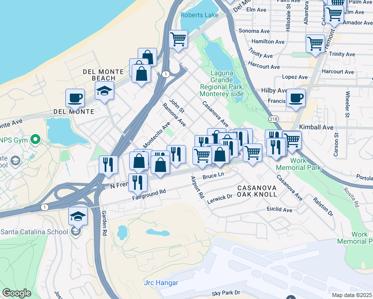 map of restaurants, bars, coffee shops, grocery stores, and more near 461 Dela Vina Avenue in Monterey