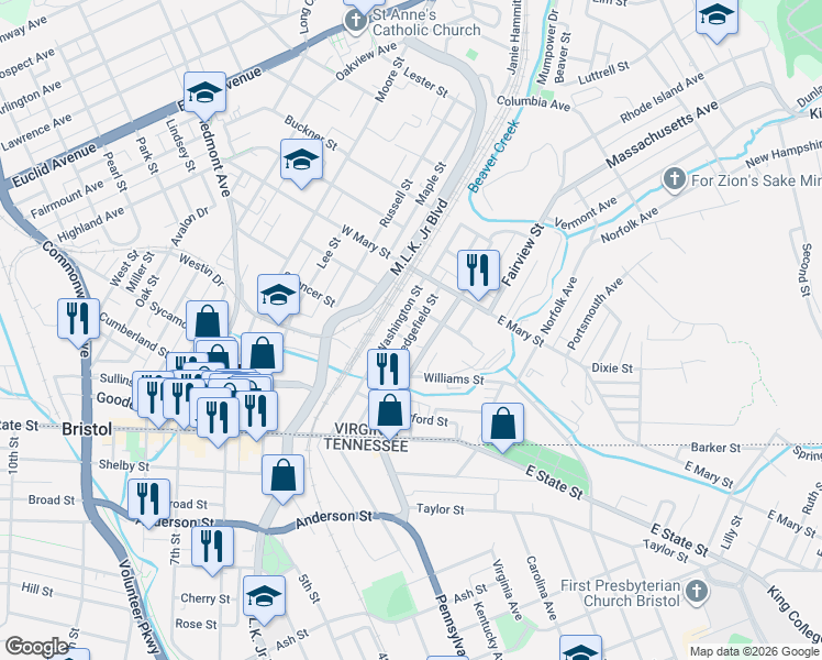 map of restaurants, bars, coffee shops, grocery stores, and more near 400-498 Virginia St in Bristol