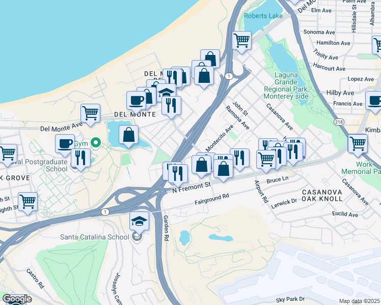 map of restaurants, bars, coffee shops, grocery stores, and more near 349 Del Robles Ave in Monterey