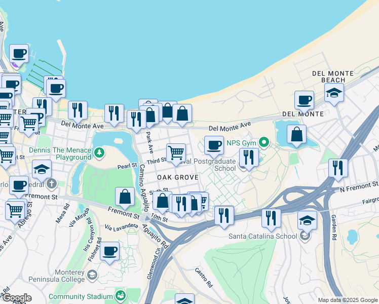 map of restaurants, bars, coffee shops, grocery stores, and more near 1411 Cunningham Road in Monterey