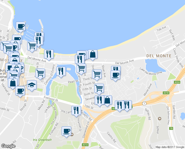 map of restaurants, bars, coffee shops, grocery stores, and more near 1173 Second Street in Monterey