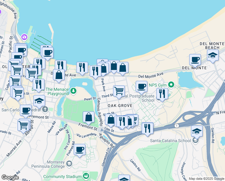 map of restaurants, bars, coffee shops, grocery stores, and more near 1173 Second Street in Monterey