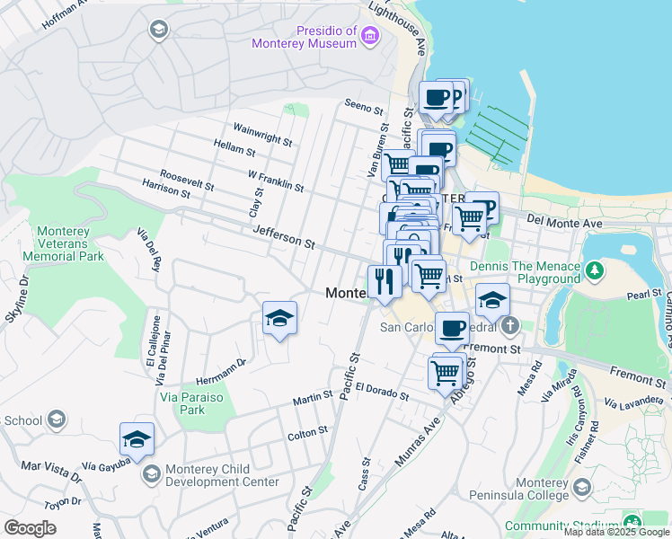map of restaurants, bars, coffee shops, grocery stores, and more near 526 Union Street in Monterey
