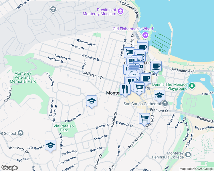 map of restaurants, bars, coffee shops, grocery stores, and more near 526 Union Street in Monterey