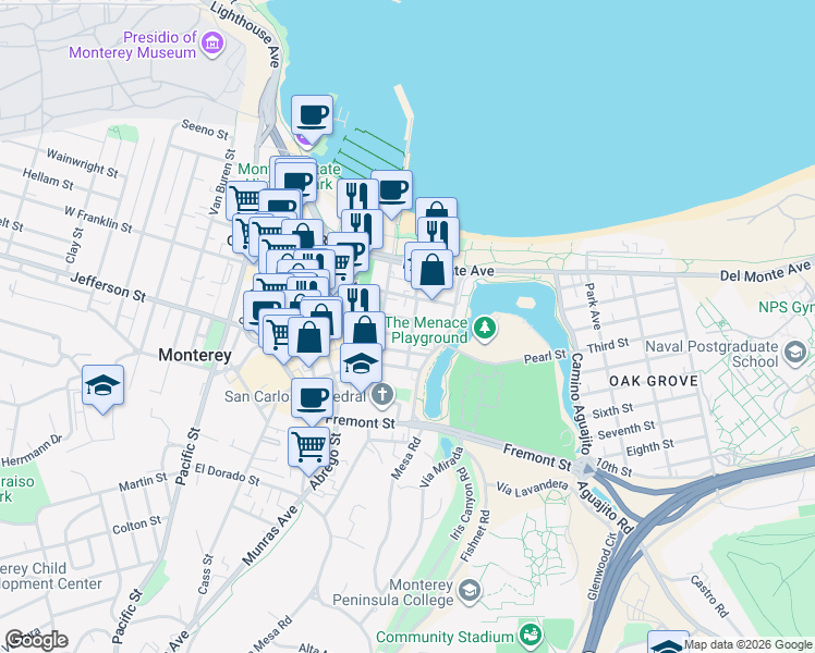 map of restaurants, bars, coffee shops, grocery stores, and more near 476 Cortes Street in Monterey