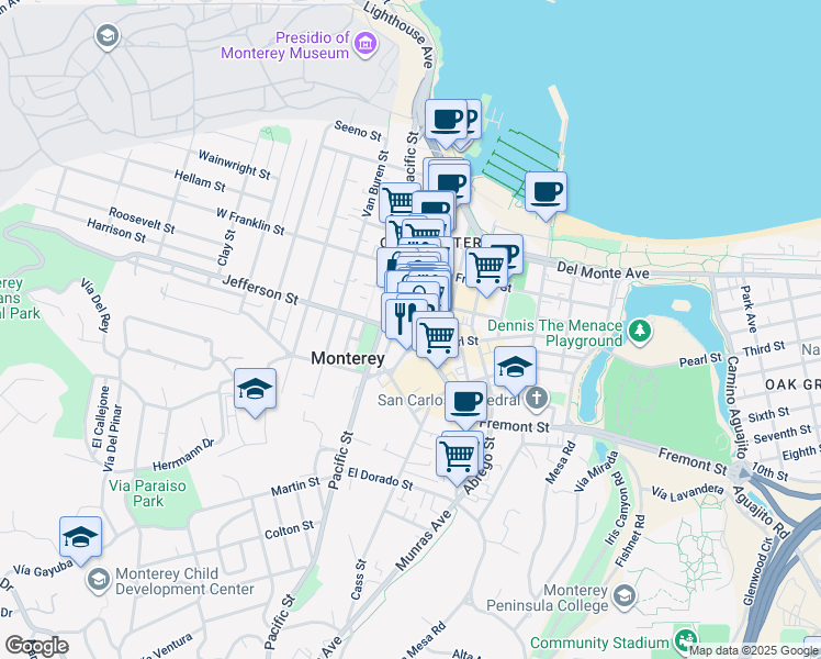 map of restaurants, bars, coffee shops, grocery stores, and more near 490 Calle Principal in Monterey