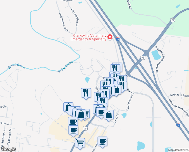 map of restaurants, bars, coffee shops, grocery stores, and more near 155 Bethlehem Drive in Clarksville