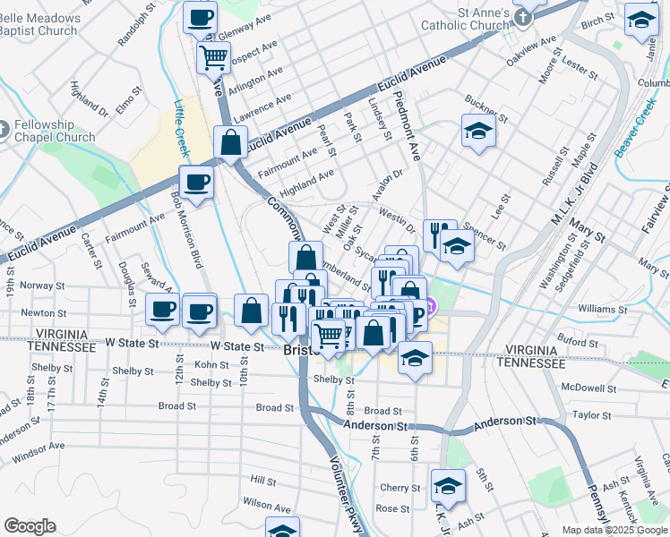 map of restaurants, bars, coffee shops, grocery stores, and more near 100 Oak Street in Bristol