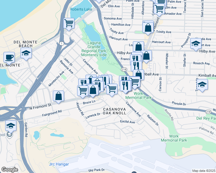 map of restaurants, bars, coffee shops, grocery stores, and more near 570 Casanova Avenue in Monterey