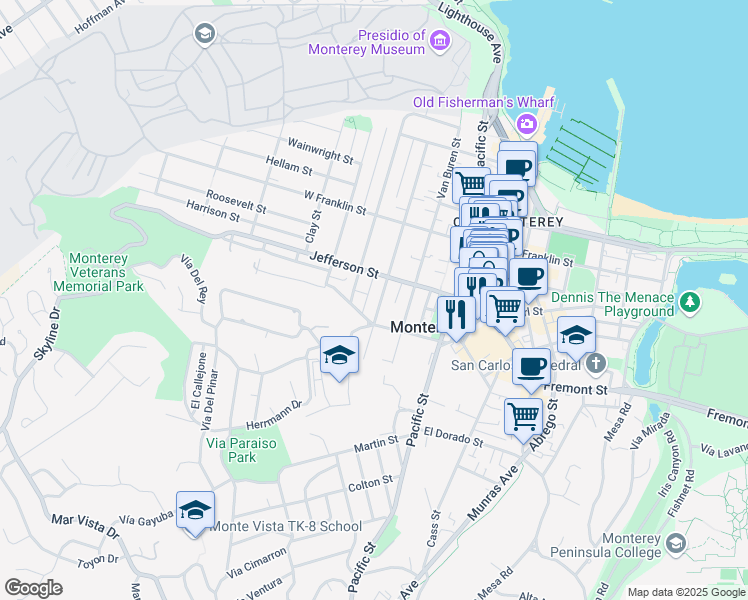 map of restaurants, bars, coffee shops, grocery stores, and more near 554 Larkin Street in Monterey