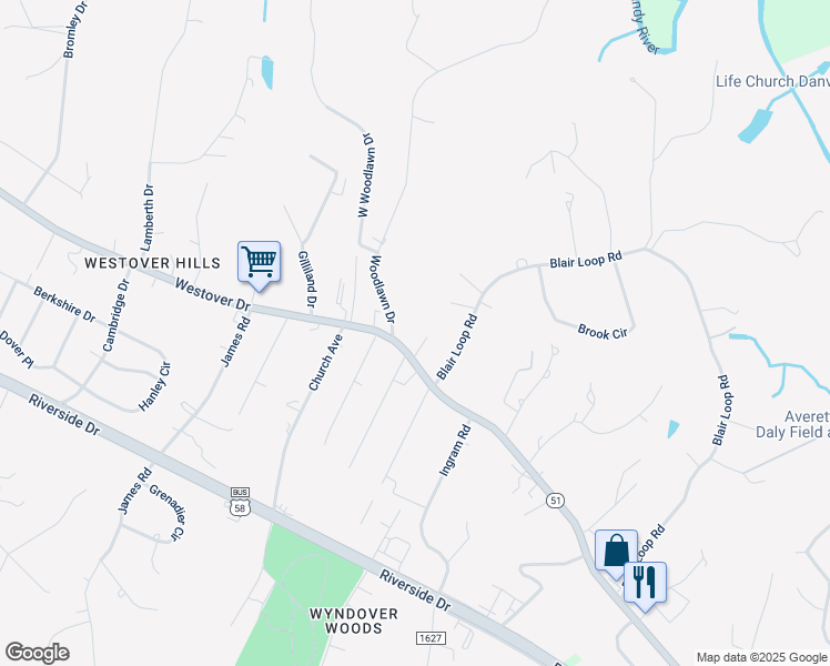 map of restaurants, bars, coffee shops, grocery stores, and more near 2162 Westover Drive in Danville