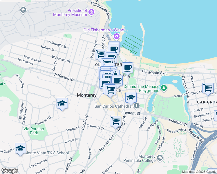 map of restaurants, bars, coffee shops, grocery stores, and more near 459 Alvarado Street in Monterey