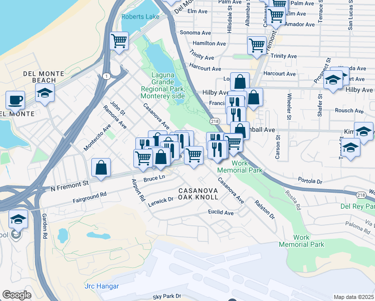 map of restaurants, bars, coffee shops, grocery stores, and more near 570 Casanova Avenue in Monterey